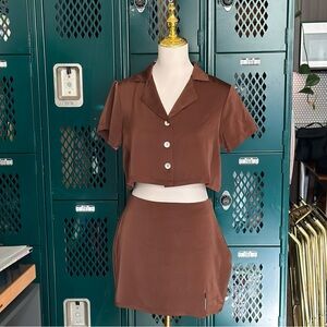 Forever 21 2 pc piece mini skirt button up set M satiny chocolate